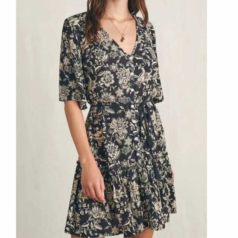 Flaherty Orinda Tie Waist Button-Up Crepe Minidress Black/Cream Floral Sz Medium